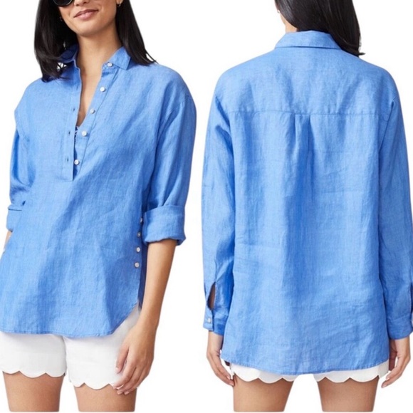 J. McLaughlin Tops - J McLaughlin Fallon 100% Linen Popover Tunic Top Small in French Blue Oversized